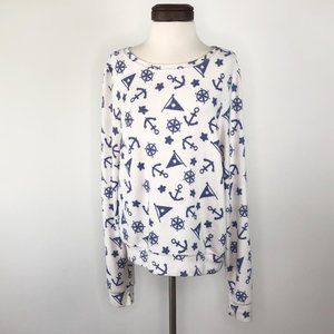 Wild Fox White Blue Nautical Anchor Ship Wheel Flag Graphic Pullover Sweater  |